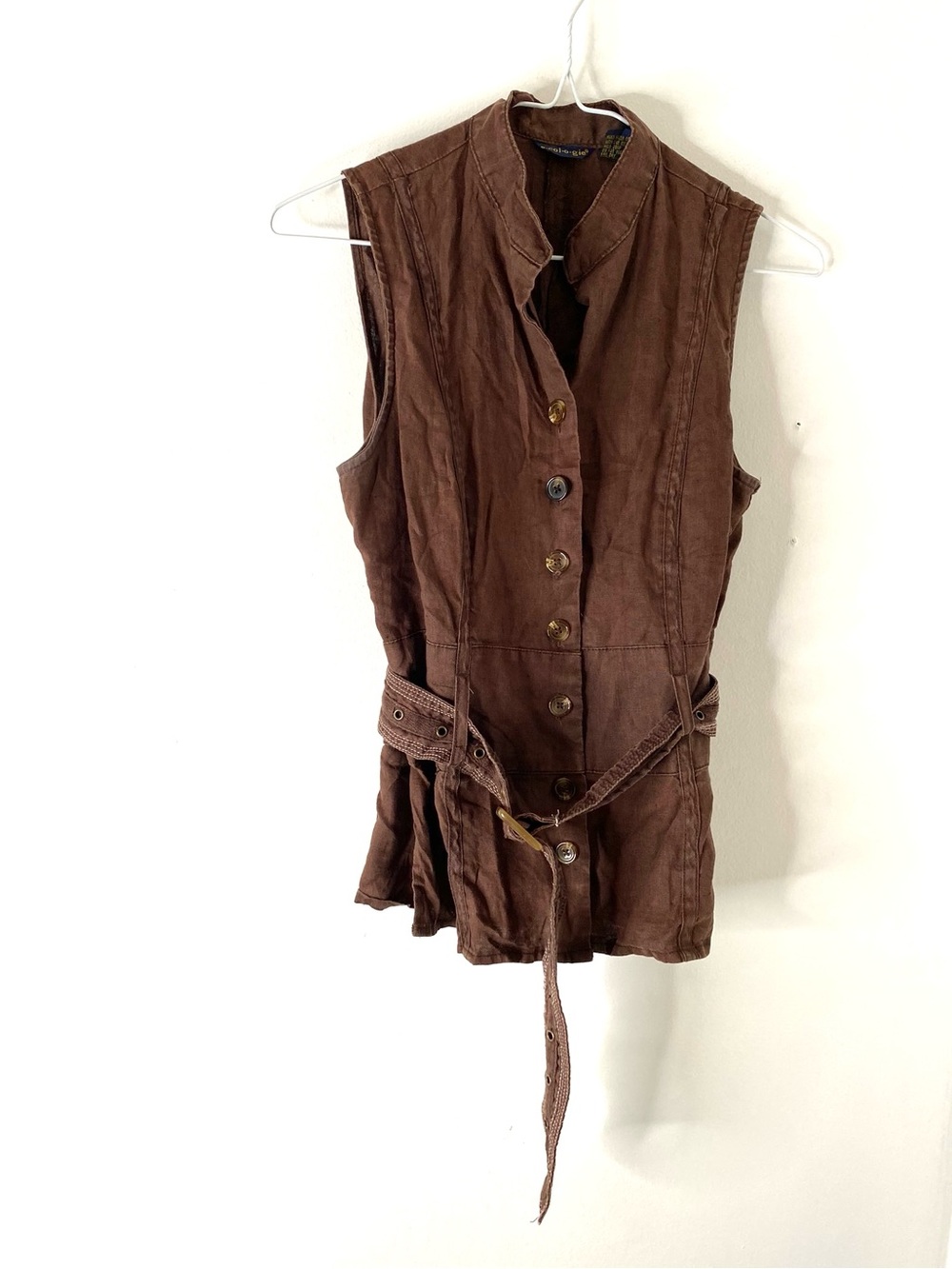 ecologie Brown 100% Linen Belted Tunic Vest Safari Utility Button Front Top